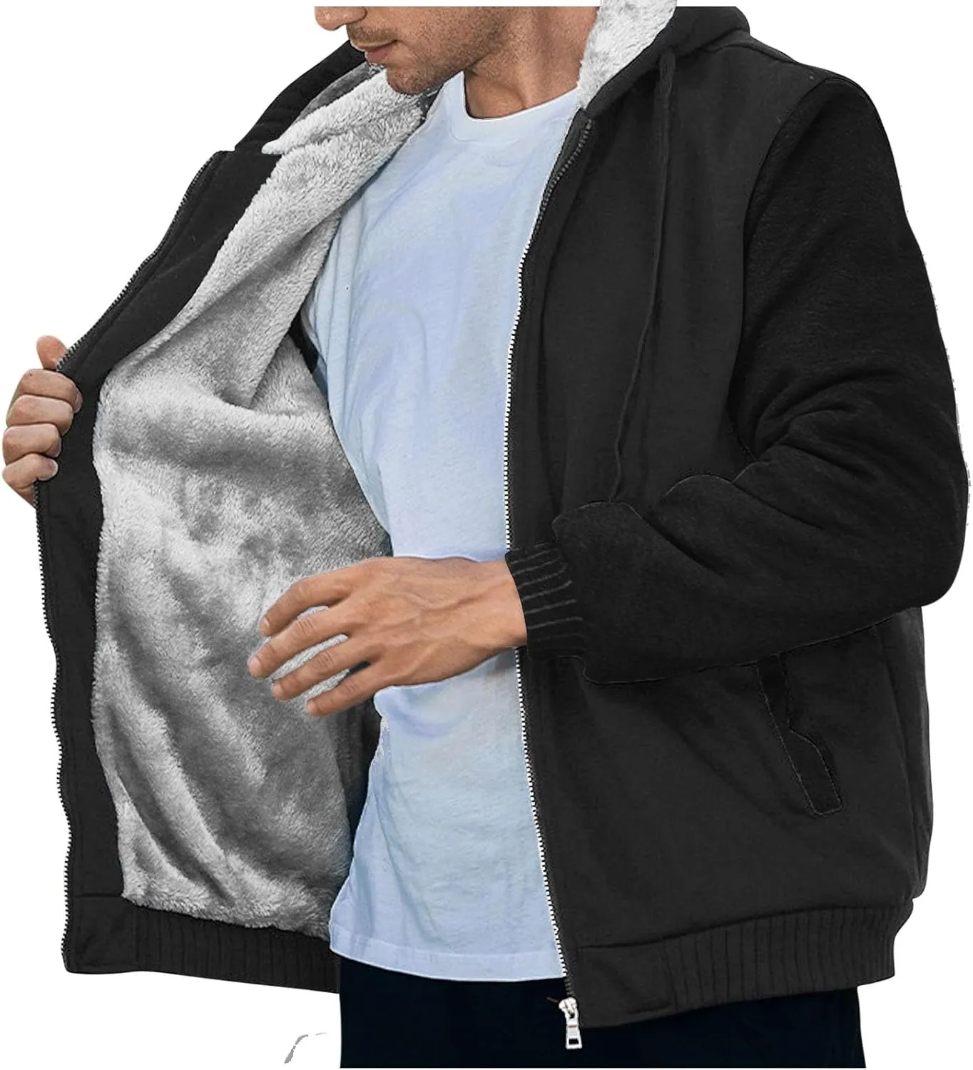 Heavyweight Fleece Hoodies for Men Full Zip Thick Sherpa Lined Sweatshirt Winter Warm Contrast Jackets with Pockets