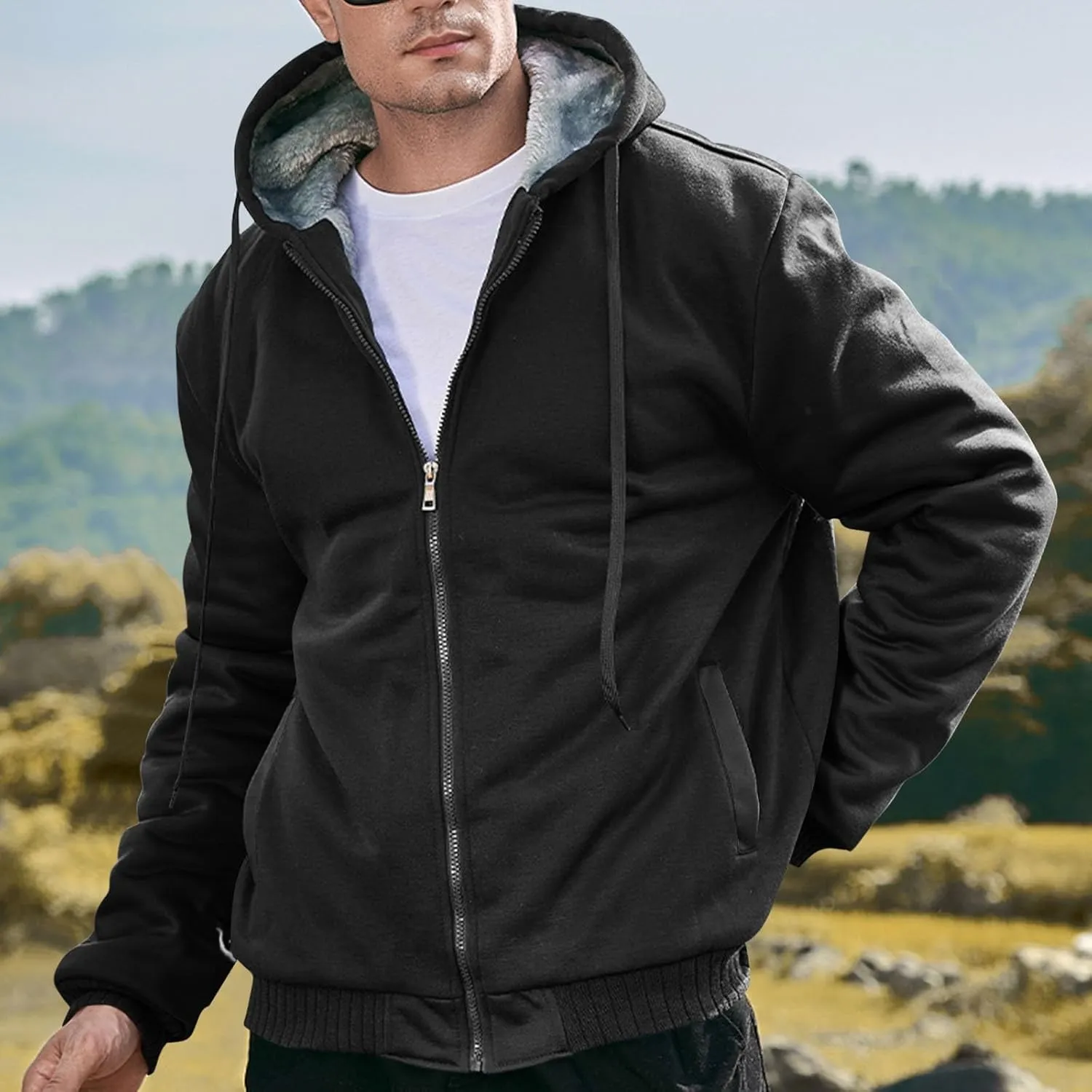 Heavyweight Fleece Hoodies for Men Full Zip Thick Sherpa Lined Sweatshirt Winter Warm Contrast Jackets with Pockets