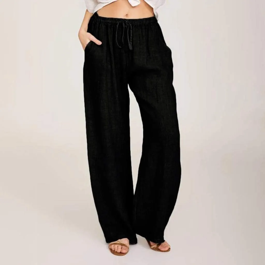 High Waisted Linen Pants Women Summer Drawstring Waist Wide Leg Loose Palazzo Pants Casual Beach Trousers with Pocket