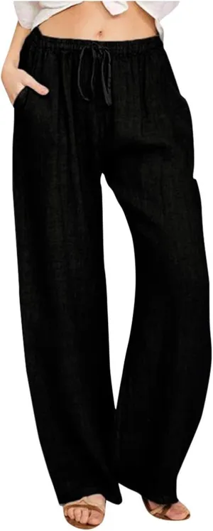 High Waisted Linen Pants Women Summer Drawstring Waist Wide Leg Loose Palazzo Pants Casual Beach Trousers with Pocket