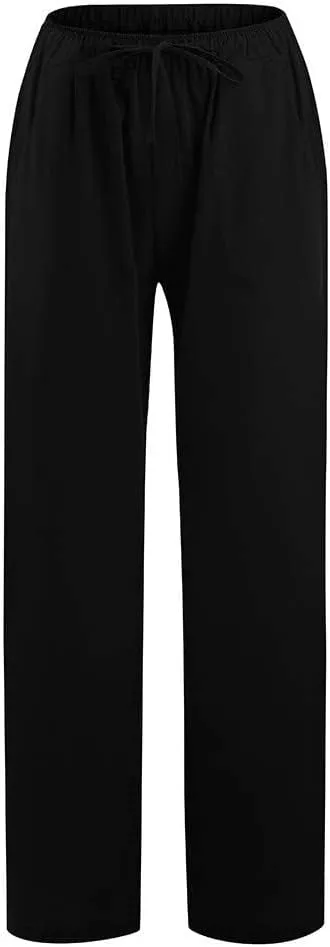 High Waisted Linen Pants Women Summer Drawstring Waist Wide Leg Loose Palazzo Pants Casual Beach Trousers with Pocket