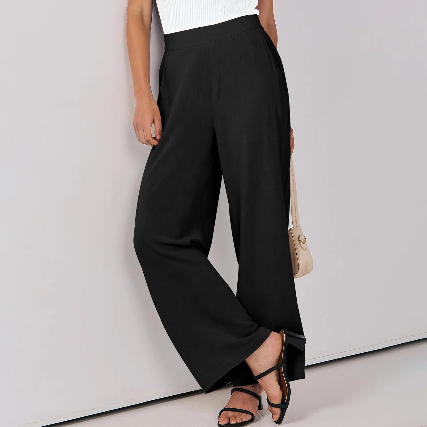 High Waisted Work Pants Women Linen Wide Leg Pants Elastic Waist Business Casual Dress Pants Baggy Summer Trousers