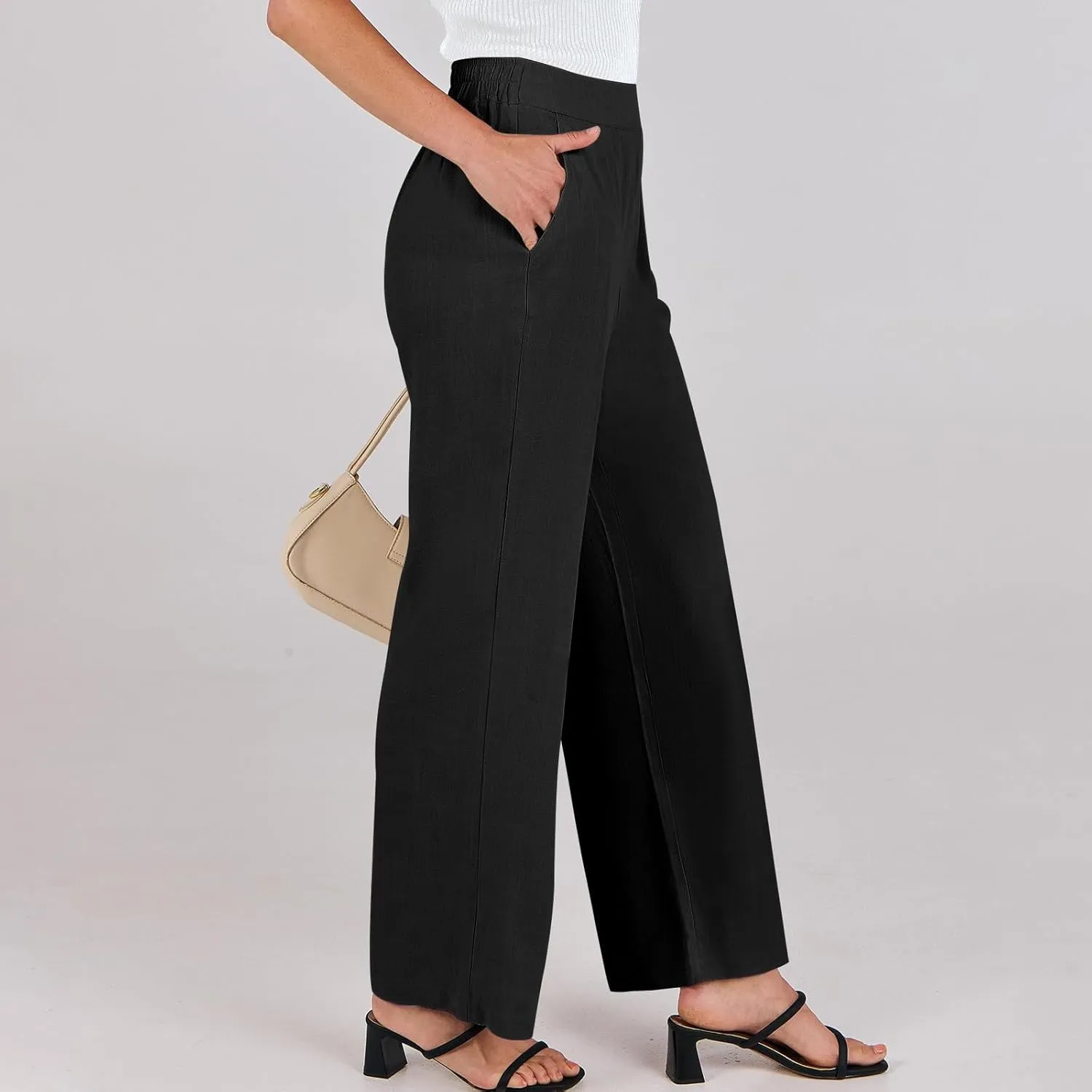 High Waisted Work Pants Women Linen Wide Leg Pants Elastic Waist Business Casual Dress Pants Baggy Summer Trousers