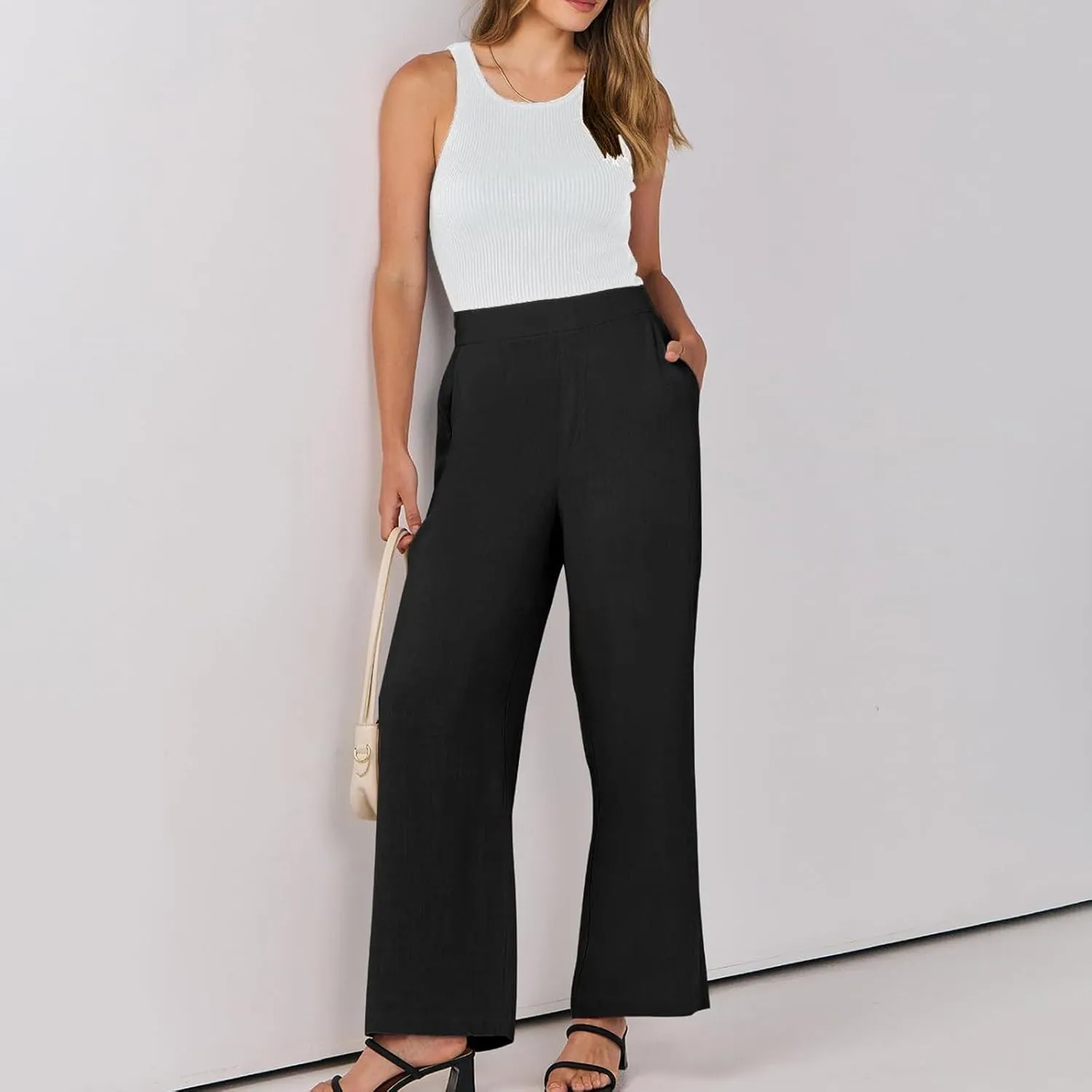 High Waisted Work Pants Women Linen Wide Leg Pants Elastic Waist Business Casual Dress Pants Baggy Summer Trousers