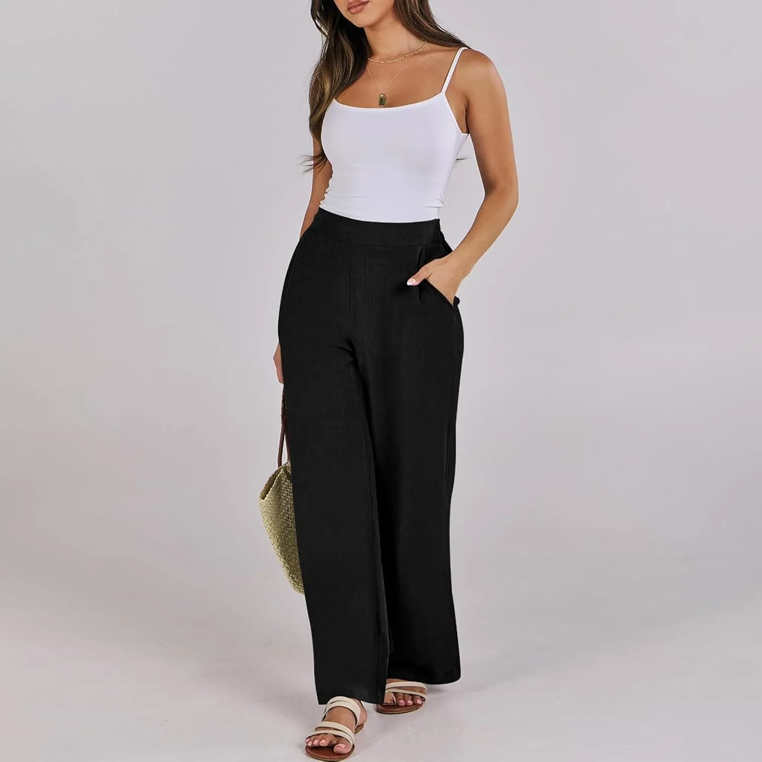 High Waisted Work Pants Women Linen Wide Leg Pants Elastic Waist Business Casual Dress Pants Baggy Summer Trousers