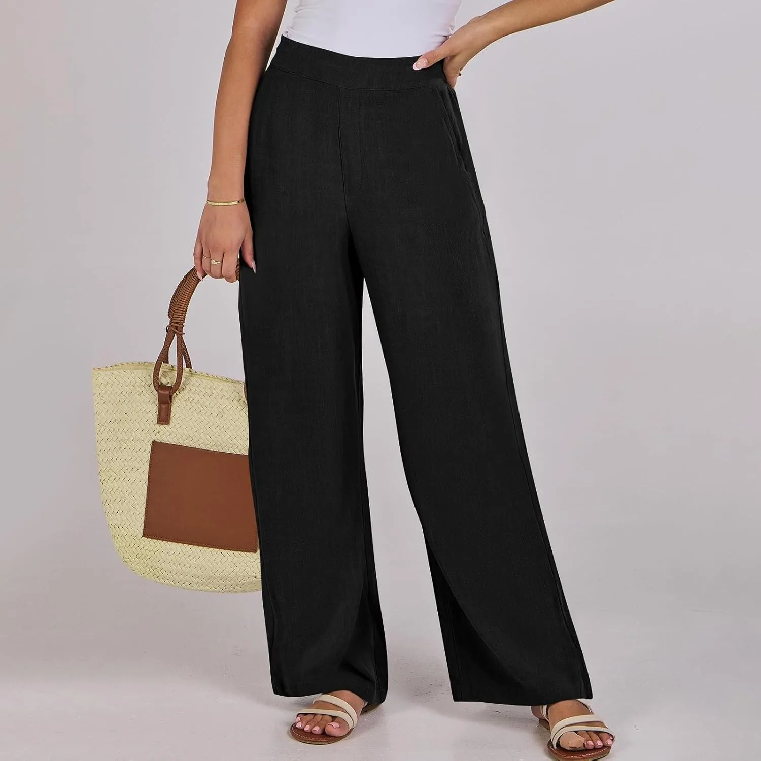 High Waisted Work Pants Women Linen Wide Leg Pants Elastic Waist Business Casual Dress Pants Baggy Summer Trousers