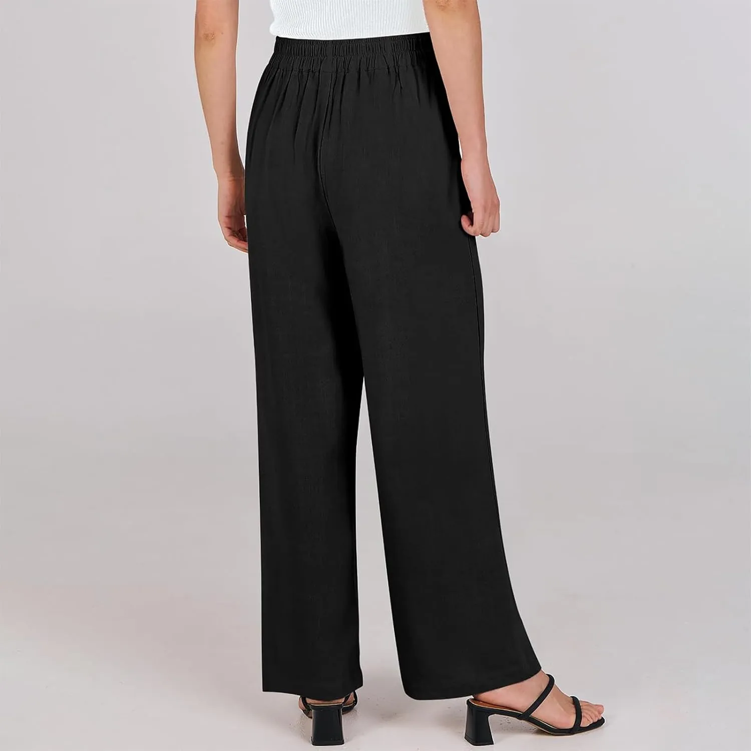 High Waisted Work Pants Women Linen Wide Leg Pants Elastic Waist Business Casual Dress Pants Baggy Summer Trousers