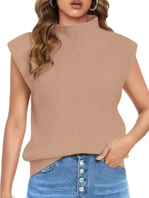 Himosyber Women's Solid Sleeveless Vest Elegant High Neck Stretchable Cap Sleeve Knit Sweater Tops