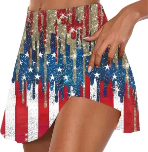 hlysgo Tennis Skorts for Woman Trendy American Flag Print Patriotic Workout Shorts 4th of July Athletic Shorts with Skirts