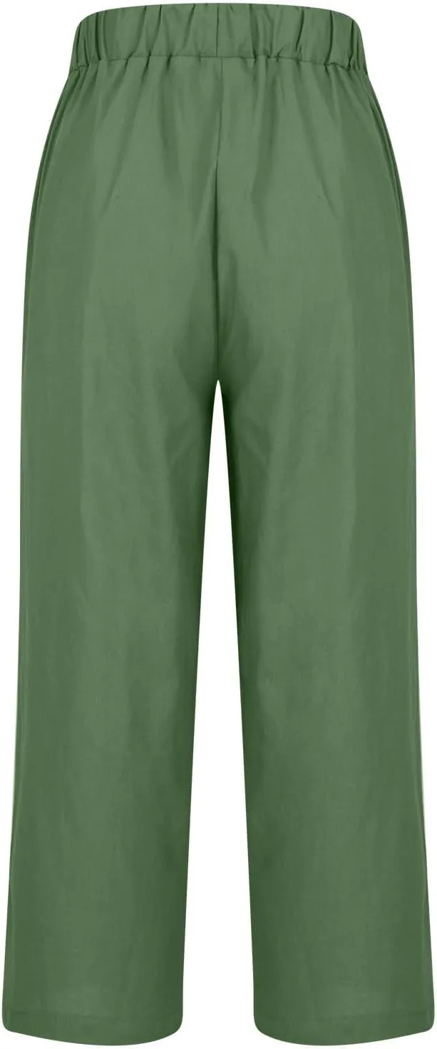 Hvyesh Linen Pants Women Summer, Womens Linen Pants Petite Length Elastic Waist Wed Leg, Straight Leg Pants for Women Casual