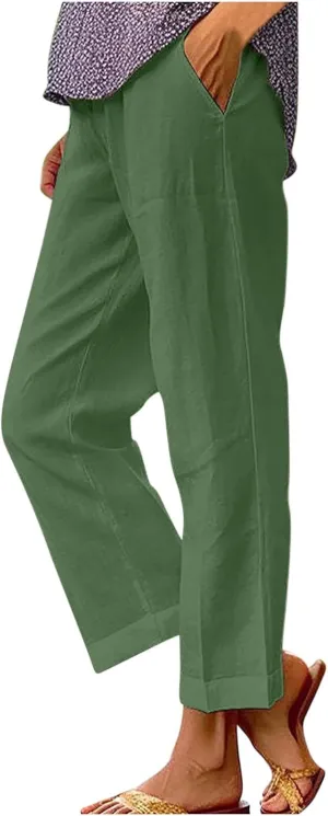 Hvyesh Linen Pants Women Summer, Womens Linen Pants Petite Length Elastic Waist Wed Leg, Straight Leg Pants for Women Casual
