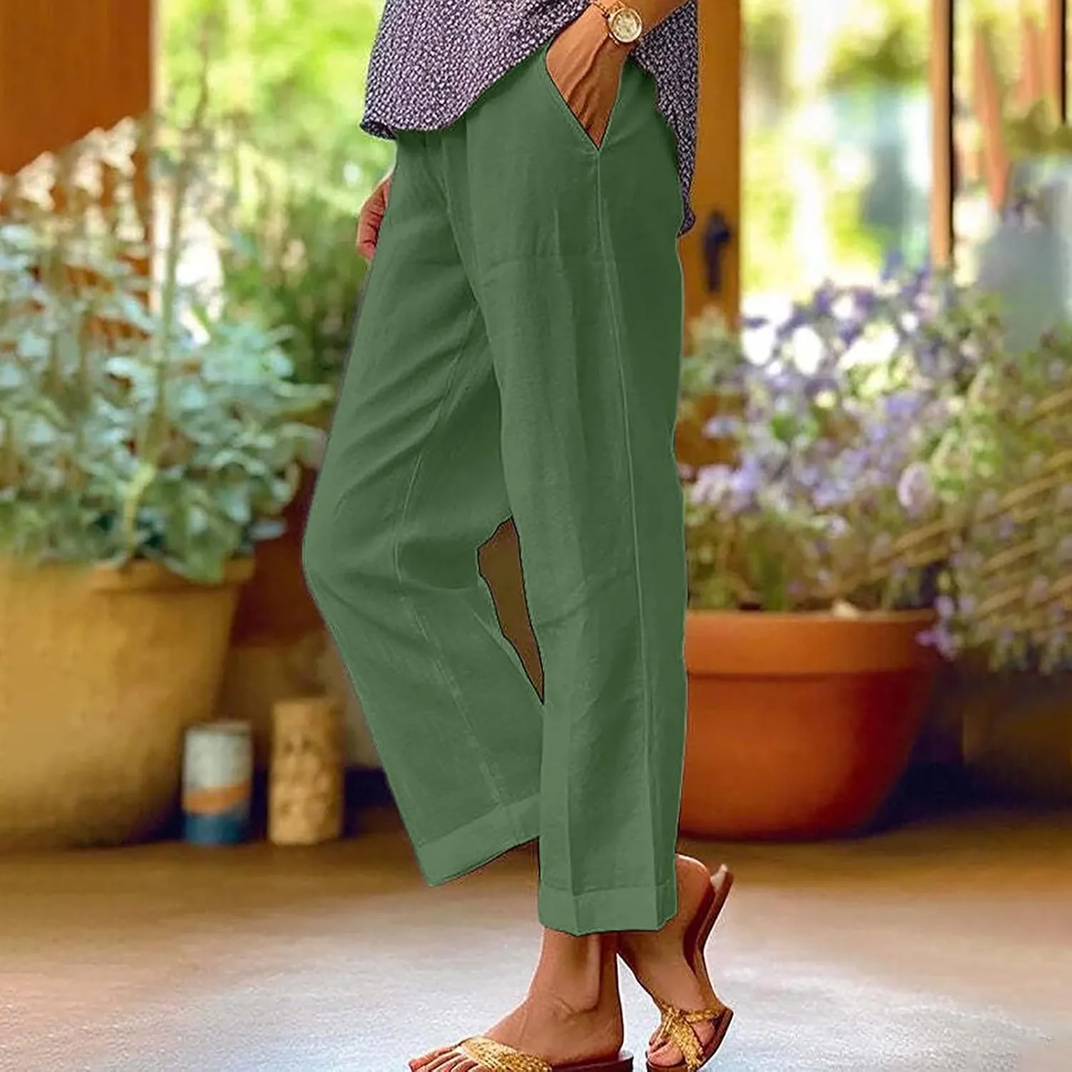 Hvyesh Linen Pants Women Summer, Womens Linen Pants Petite Length Elastic Waist Wed Leg, Straight Leg Pants for Women Casual