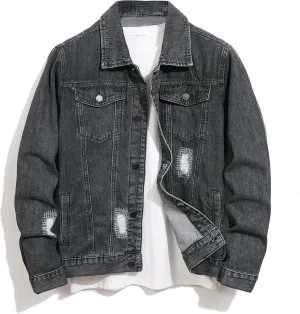 Jean Jacket Men, Men's Denim Jacket Distressed Ripped Slim Fit Stretch Trucker Jackets Classic Casual Denim Coat