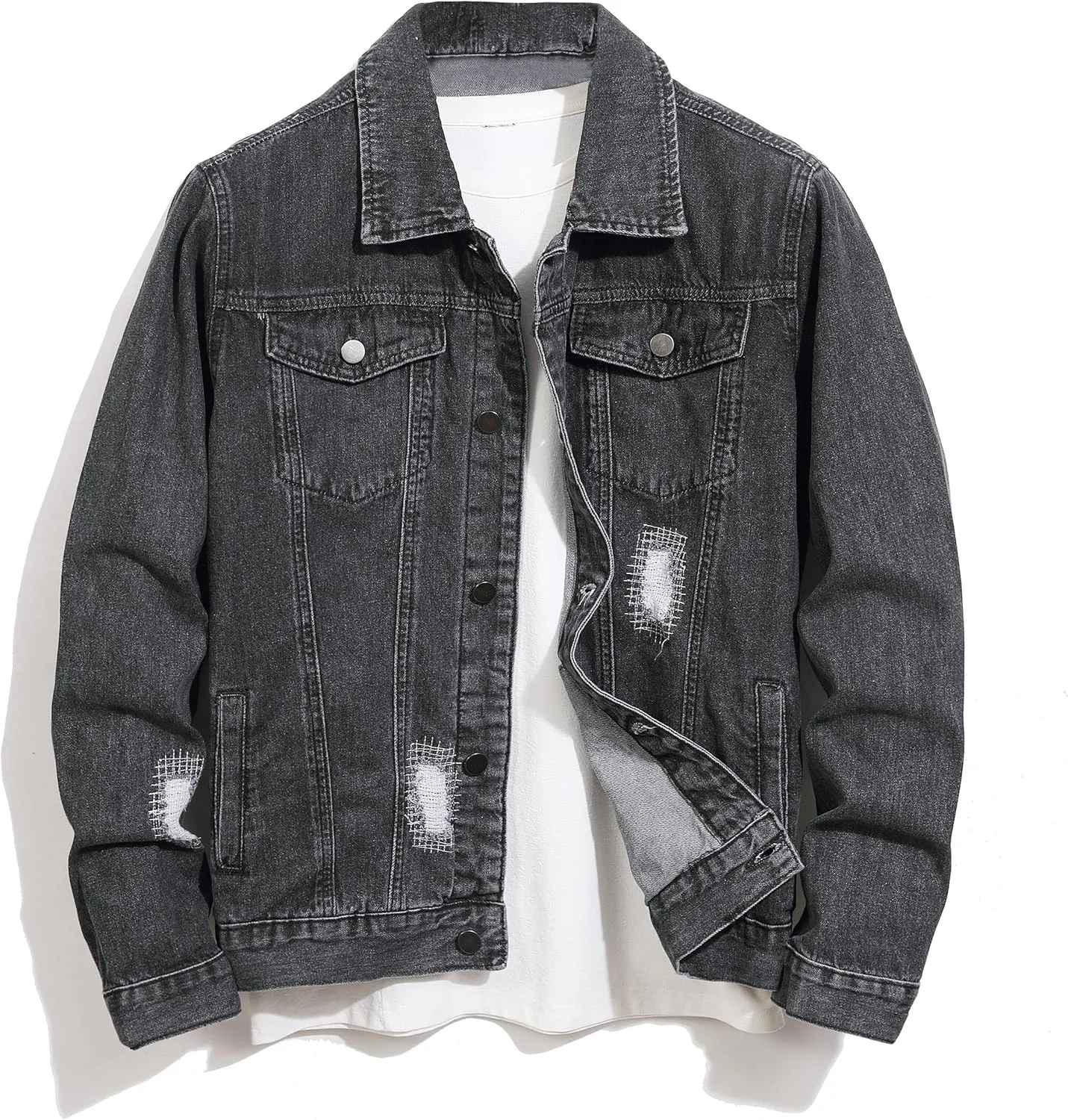 Jean Jacket Men, Men's Denim Jacket Distressed Ripped Slim Fit Stretch Trucker Jackets Classic Casual Denim Coat