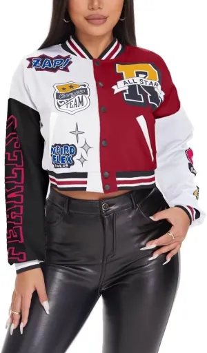 jeecoin Women's Varsity Jacket Cropped Colorblock Letter Print Baseball Bomber Jackets Vintage Streetwear Fashion Coats