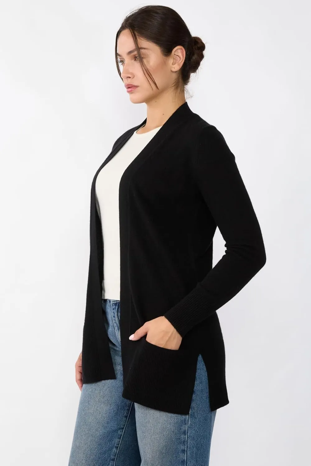 JENNIE LIU Womens 100% Cashmere Open Cardigan Sweater | Long Cardigan Sweaters for Women