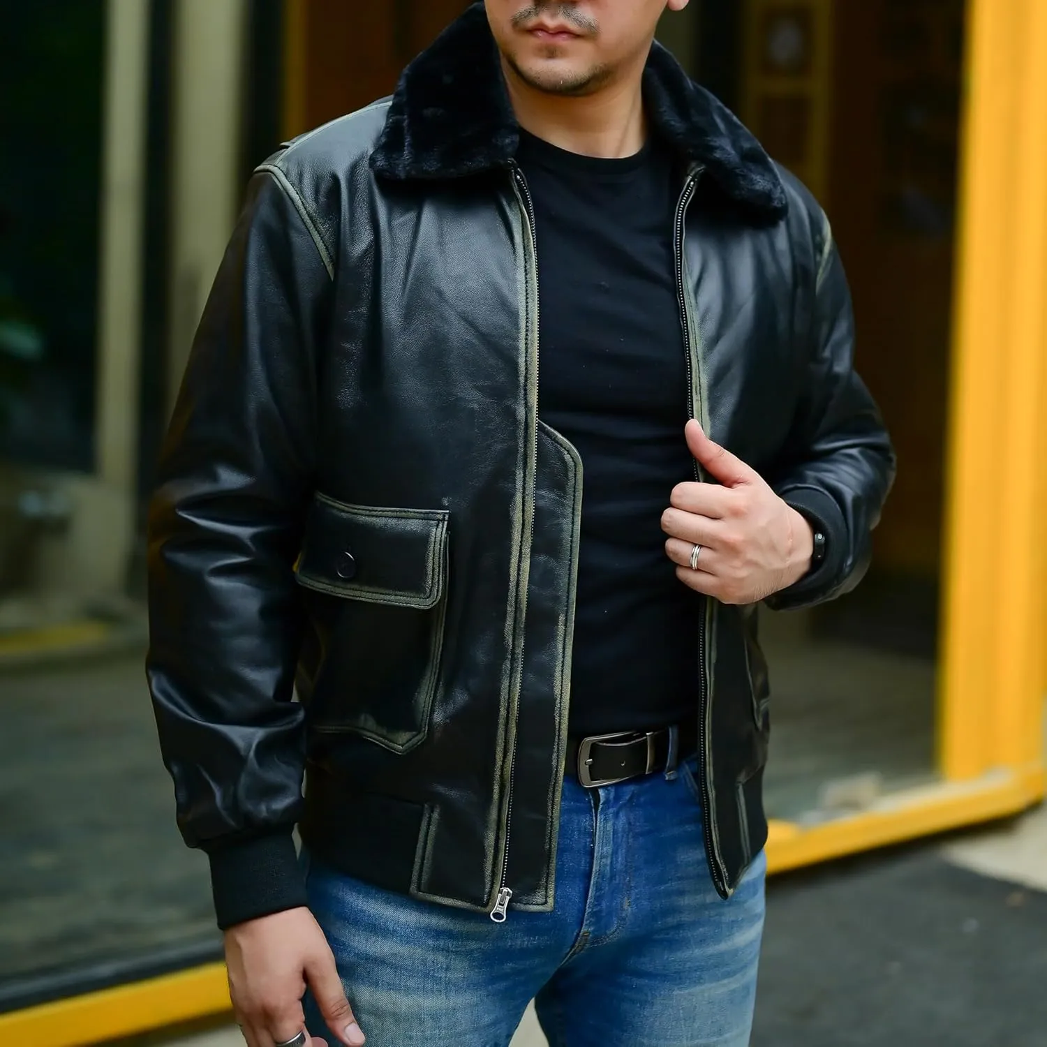 Jild Navy G-1 Real Leather Bomber Jacket Men with Removable Fur Collar - Vintage Flight Aviator Leather Jacket Men