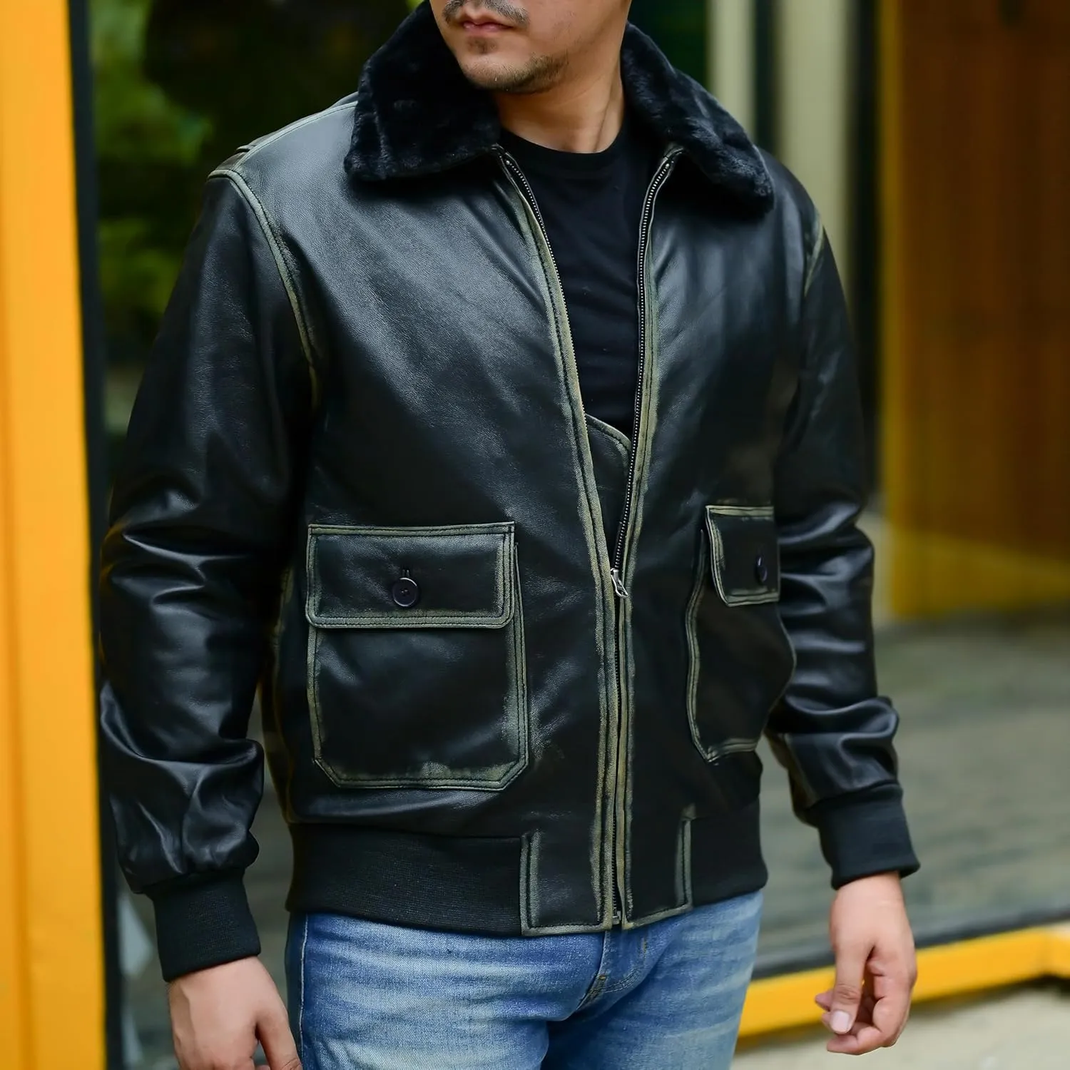 Jild Navy G-1 Real Leather Bomber Jacket Men with Removable Fur Collar - Vintage Flight Aviator Leather Jacket Men