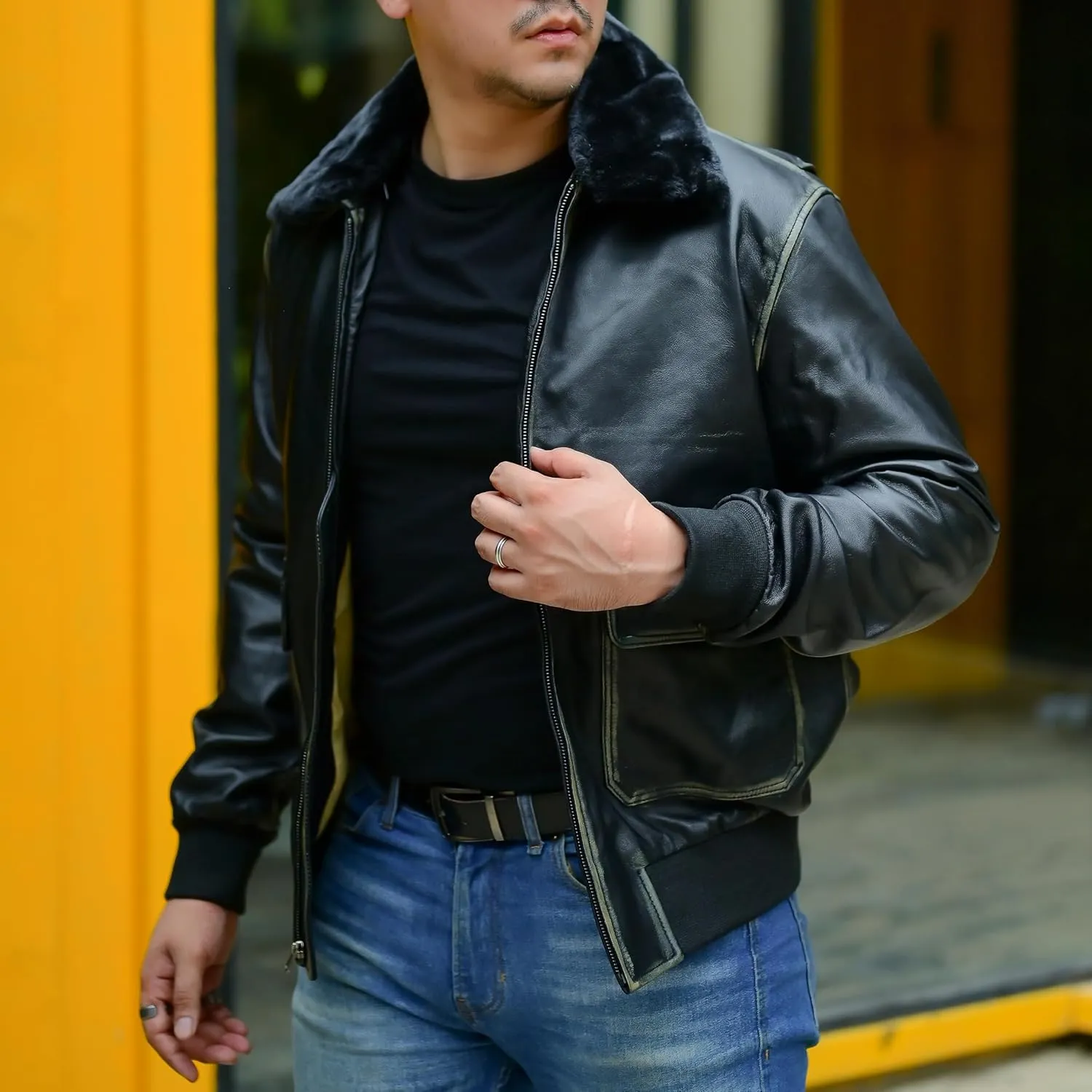 Jild Navy G-1 Real Leather Bomber Jacket Men with Removable Fur Collar - Vintage Flight Aviator Leather Jacket Men
