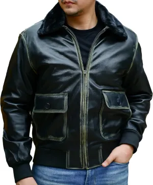 Jild Navy G-1 Real Leather Bomber Jacket Men with Removable Fur Collar - Vintage Flight Aviator Leather Jacket Men