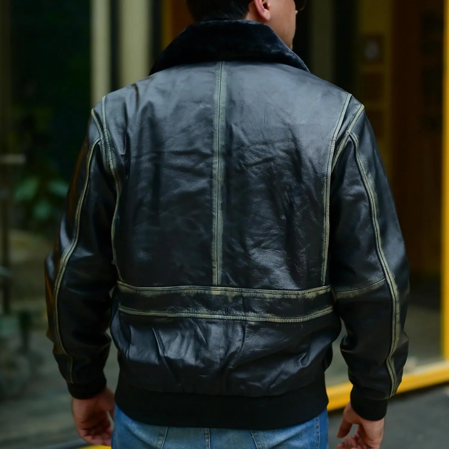 Jild Navy G-1 Real Leather Bomber Jacket Men with Removable Fur Collar - Vintage Flight Aviator Leather Jacket Men