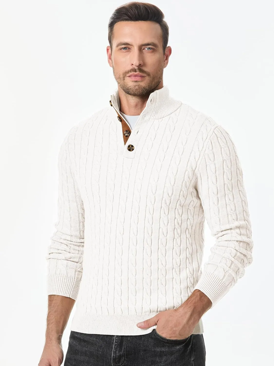 JMIERR Men's Cable Knit Pullover Sweater Casual Long Sleeve Stand Collar Button Knitted Sweaters