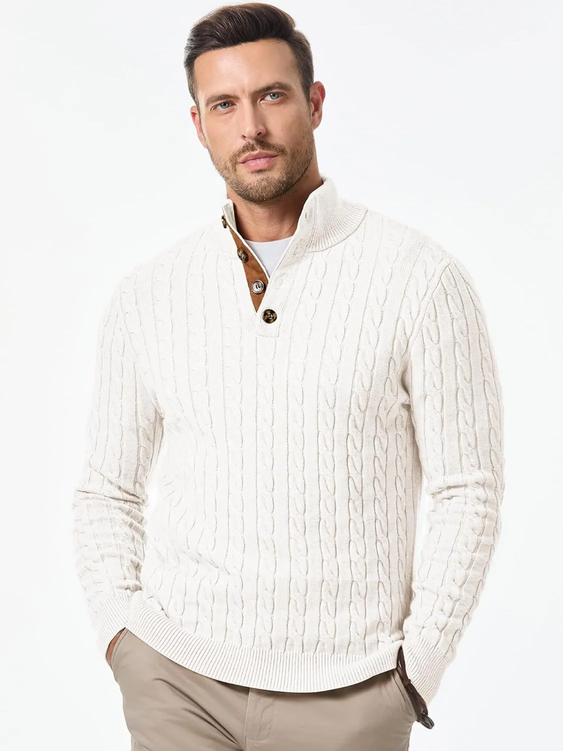 JMIERR Men's Cable Knit Pullover Sweater Casual Long Sleeve Stand Collar Button Knitted Sweaters