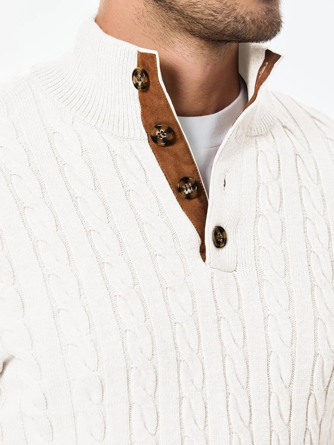 JMIERR Men's Cable Knit Pullover Sweater Casual Long Sleeve Stand Collar Button Knitted Sweaters