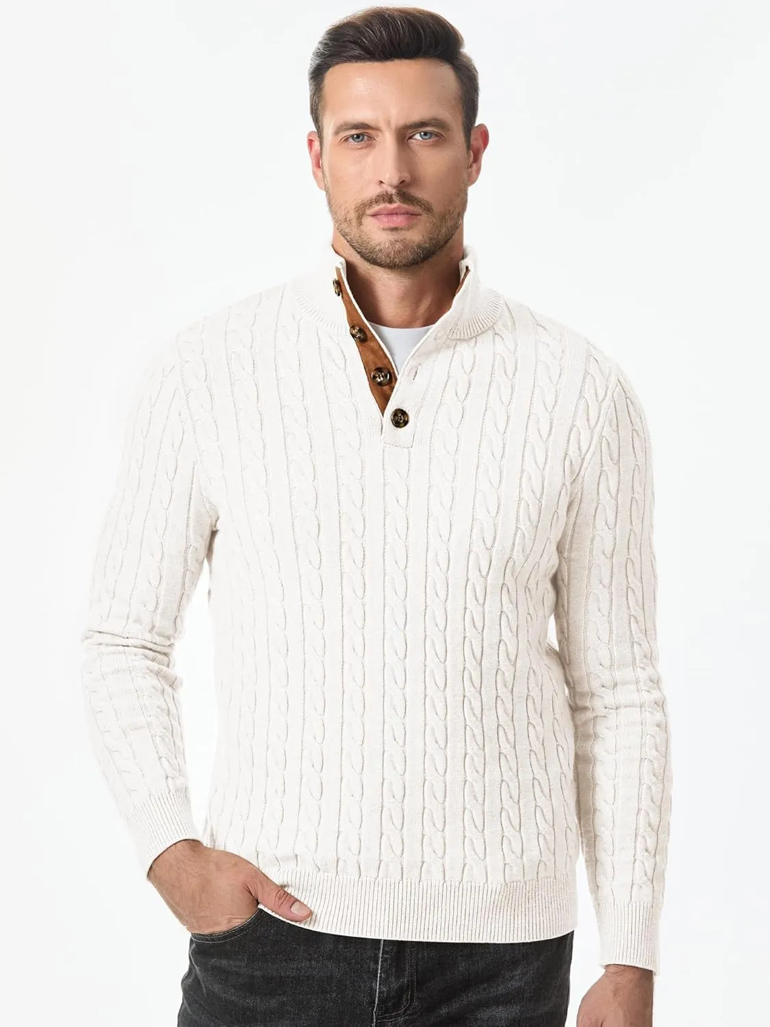 JMIERR Men's Cable Knit Pullover Sweater Casual Long Sleeve Stand Collar Button Knitted Sweaters