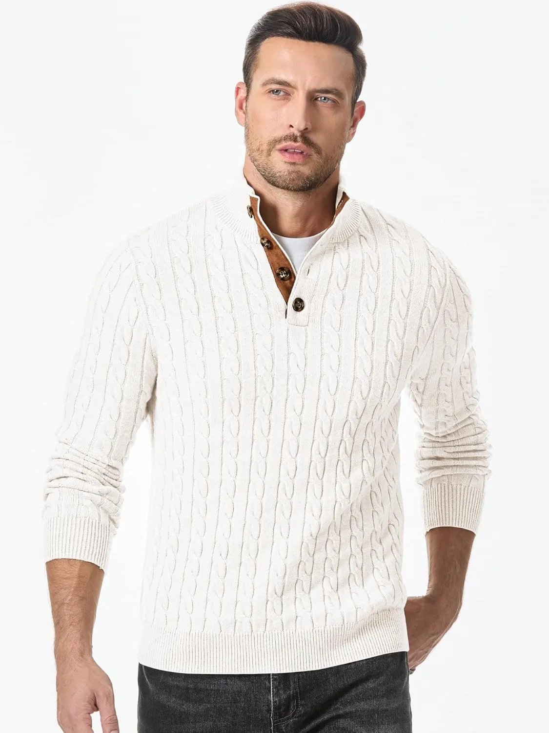 JMIERR Men's Cable Knit Pullover Sweater Casual Long Sleeve Stand Collar Button Knitted Sweaters