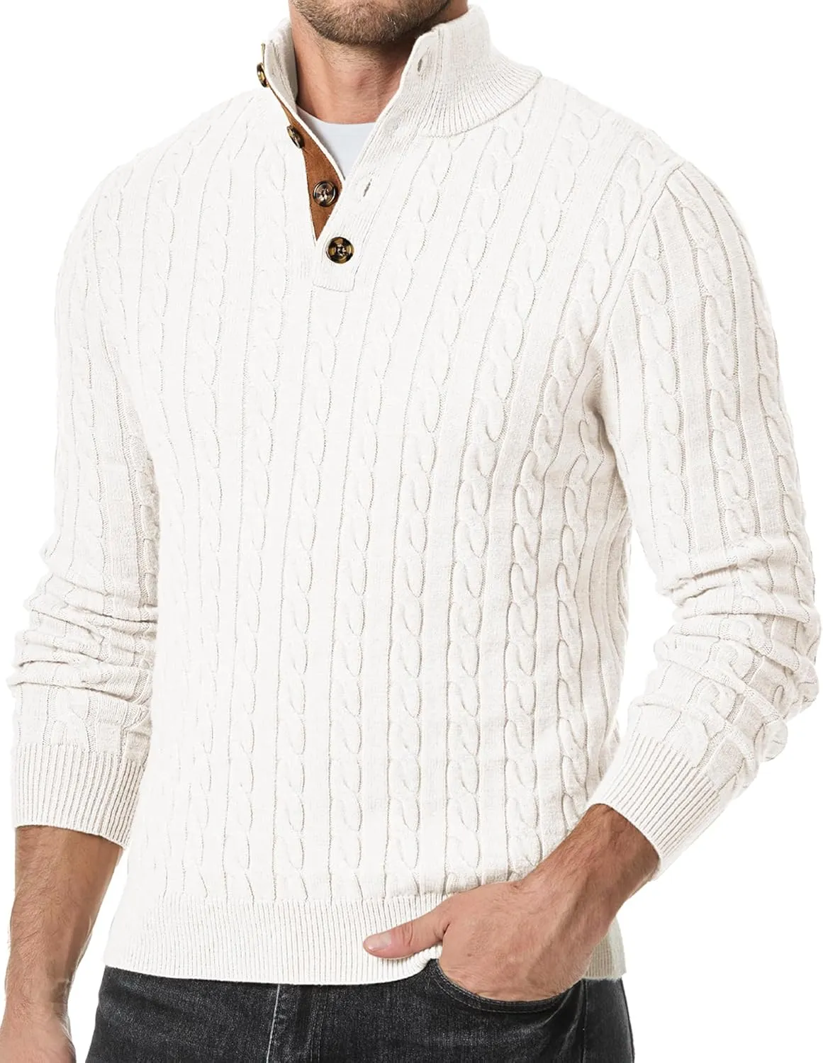 JMIERR Men's Cable Knit Pullover Sweater Casual Long Sleeve Stand Collar Button Knitted Sweaters