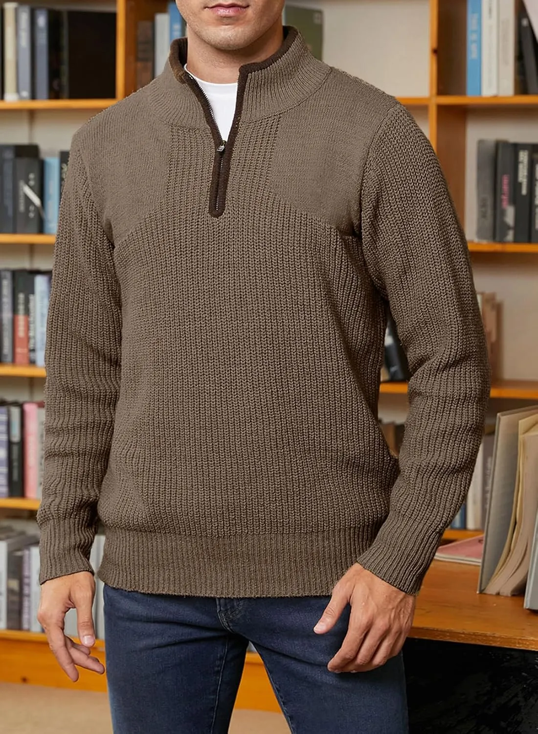 JMIERR Mens Quarter Zip Sweater Lightweight Mock Neck Casual Long Sleeve Knitted Solid Pullover Sweaters