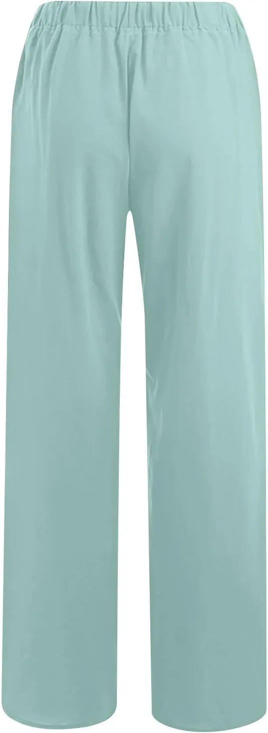 jsaierl Women Linen Wide Leg Pants Summer Loose Flowy Palazzo Pants Drawstring High Waisted Beach Pants Trousers with Pockets