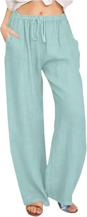 jsaierl Women Linen Wide Leg Pants Summer Loose Flowy Palazzo Pants Drawstring High Waisted Beach Pants Trousers with Pockets