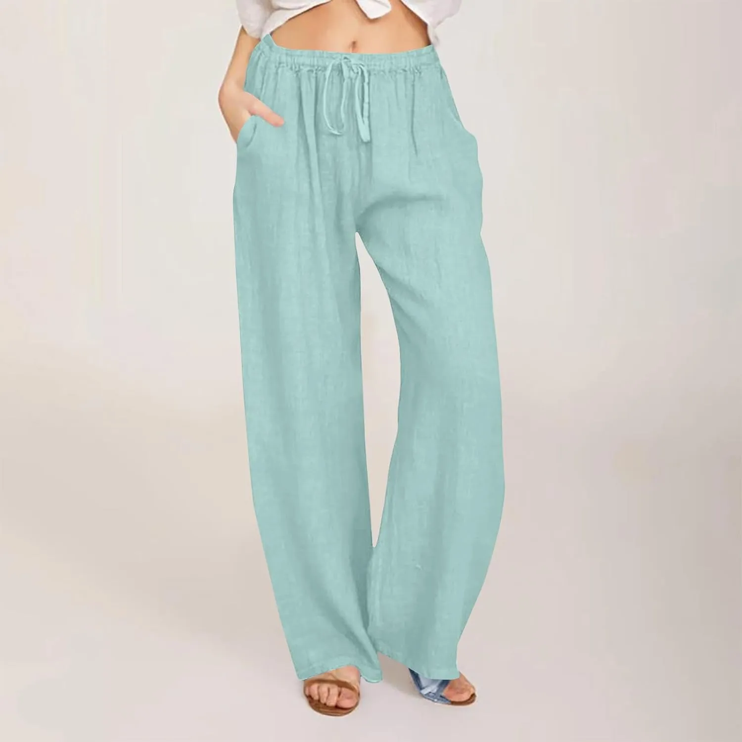 jsaierl Women Linen Wide Leg Pants Summer Loose Flowy Palazzo Pants Drawstring High Waisted Beach Pants Trousers with Pockets
