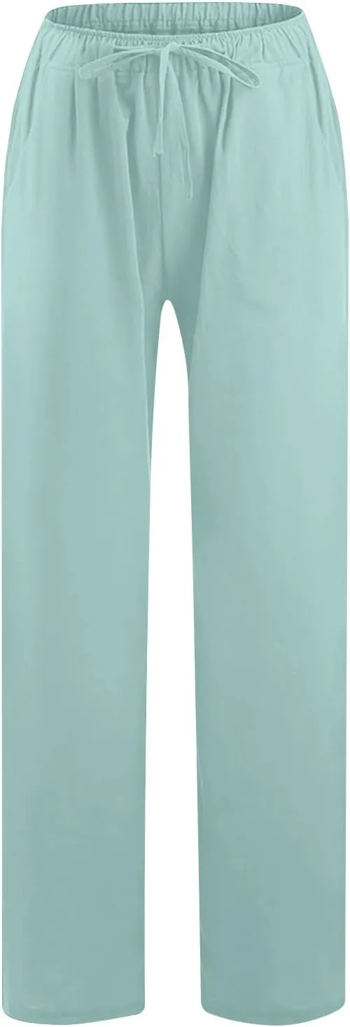jsaierl Women Linen Wide Leg Pants Summer Loose Flowy Palazzo Pants Drawstring High Waisted Beach Pants Trousers with Pockets