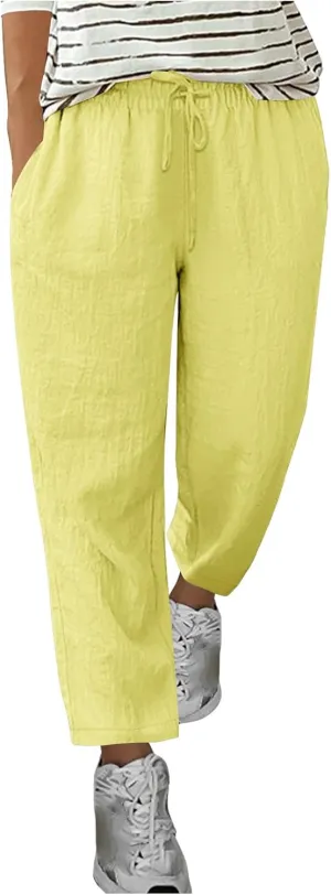 jsaierl Womens Summer Cotton Linen Straight Leg Pants High Waisted Casual Trousers Lightweight Lounge Drawstring Pants
