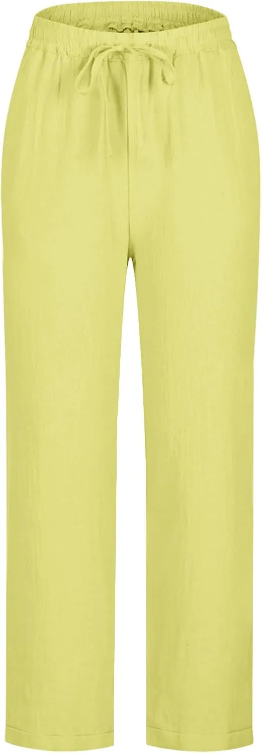 jsaierl Womens Summer Cotton Linen Straight Leg Pants High Waisted Casual Trousers Lightweight Lounge Drawstring Pants