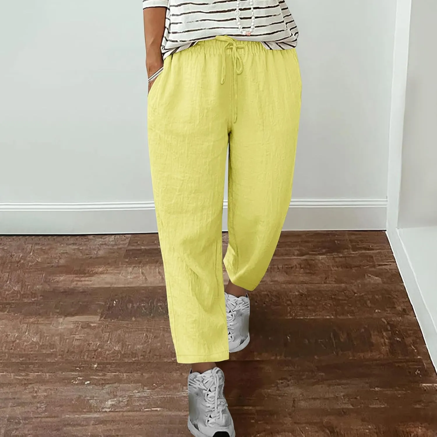 jsaierl Womens Summer Cotton Linen Straight Leg Pants High Waisted Casual Trousers Lightweight Lounge Drawstring Pants