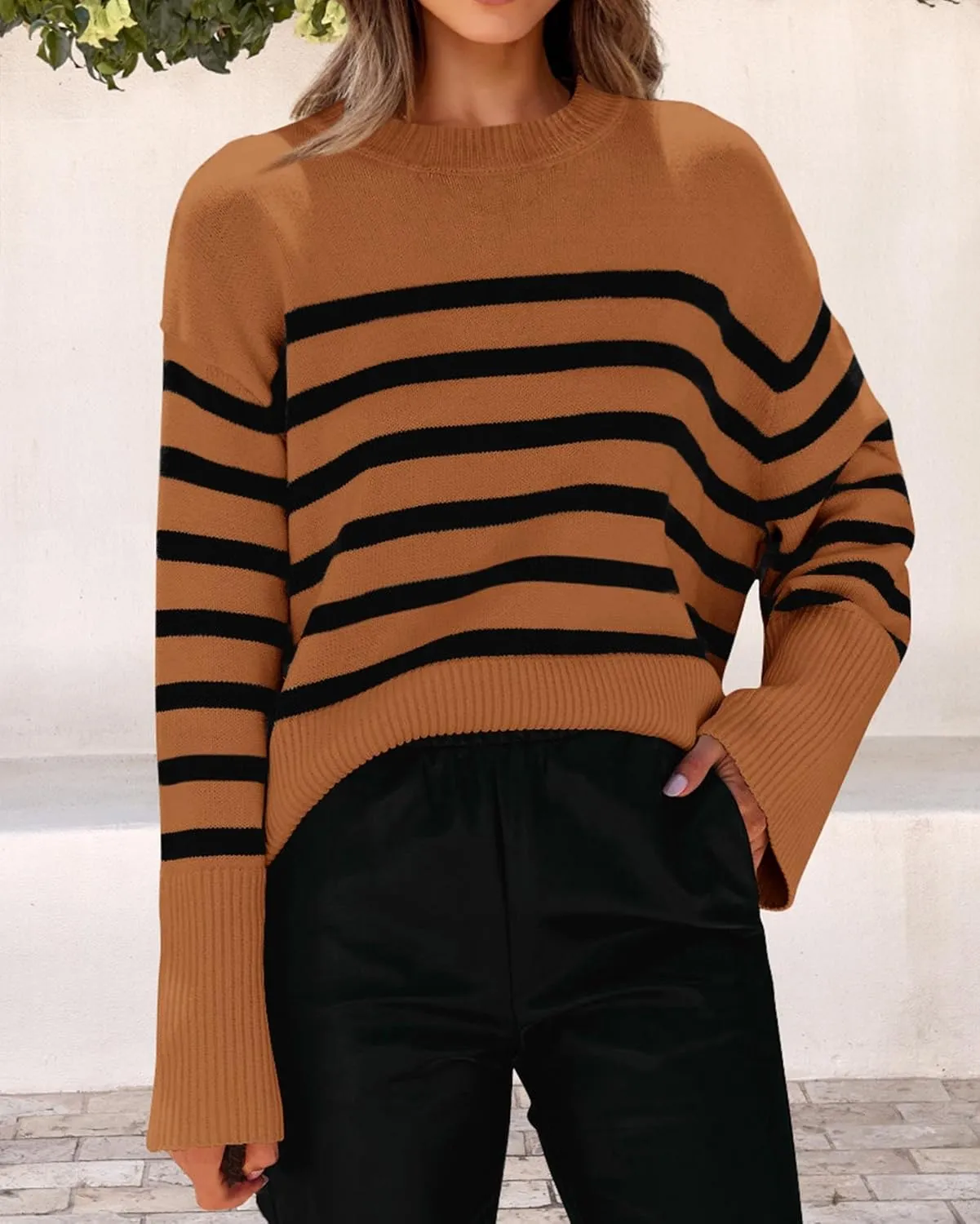 KIRUNDO Women's Striped Knit Oversized Fall Sweaters 2025 Trendy Clothes Crewneck Winter Pullover Sweater Side Split