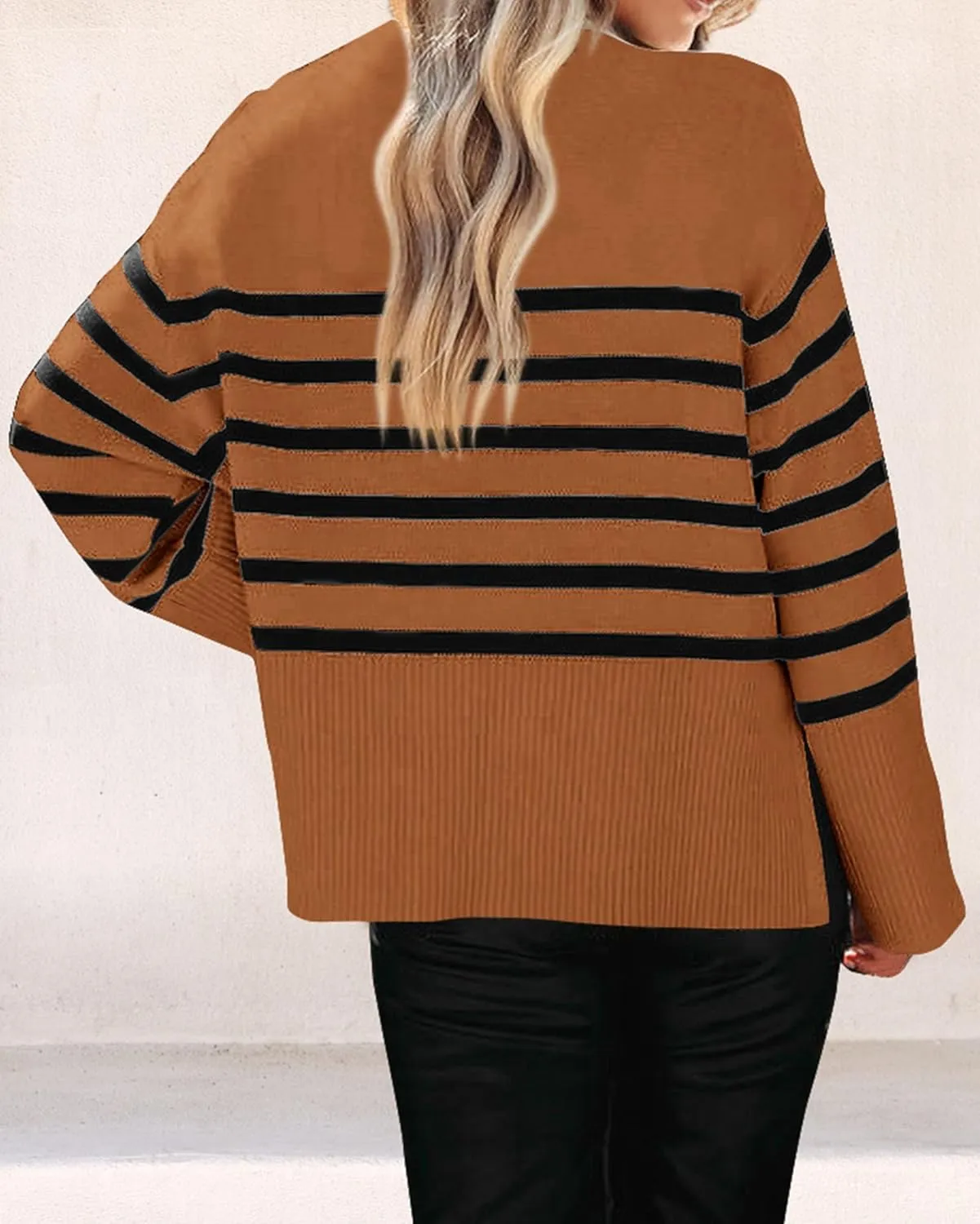 KIRUNDO Women's Striped Knit Oversized Fall Sweaters 2025 Trendy Clothes Crewneck Winter Pullover Sweater Side Split