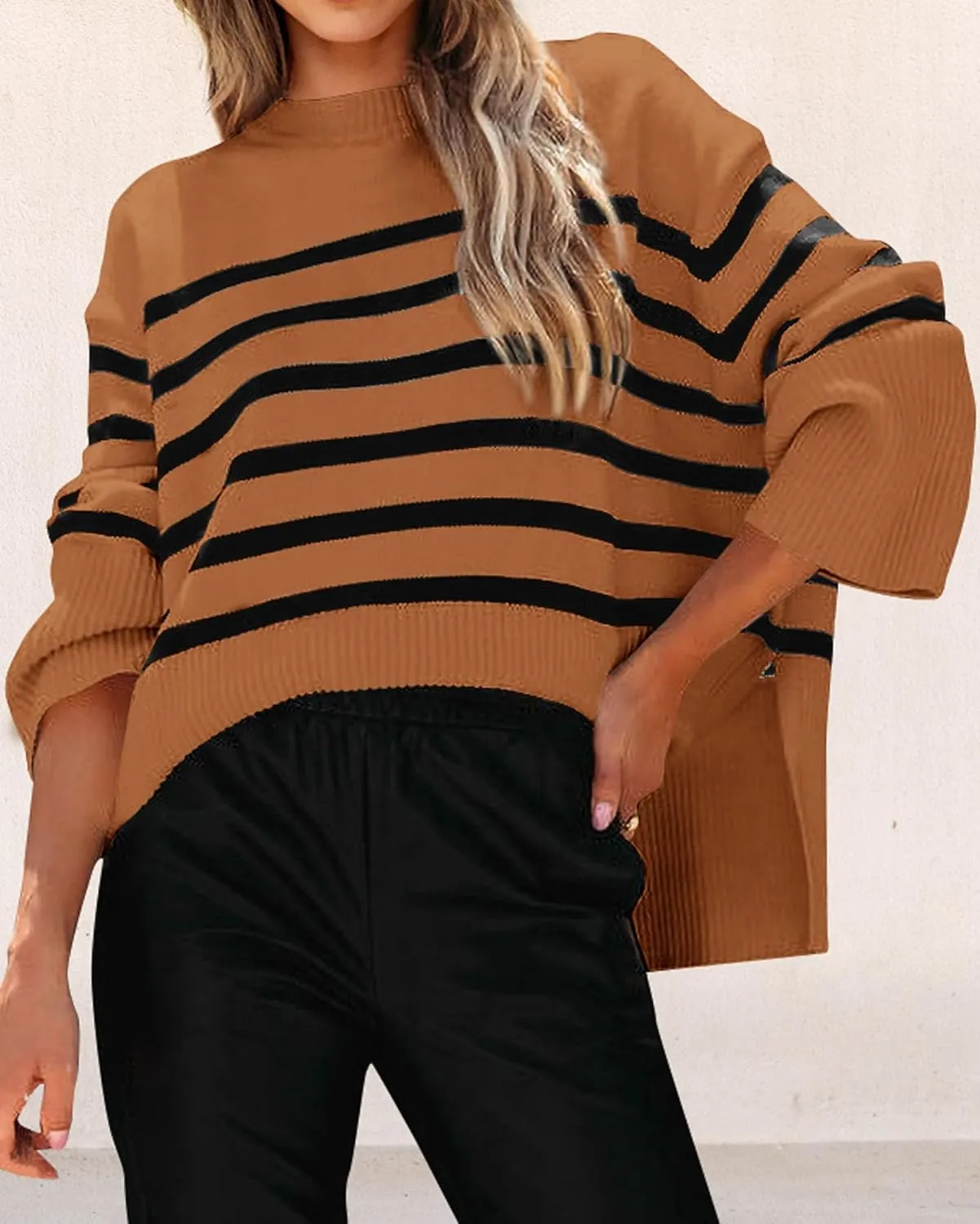KIRUNDO Women's Striped Knit Oversized Fall Sweaters 2025 Trendy Clothes Crewneck Winter Pullover Sweater Side Split