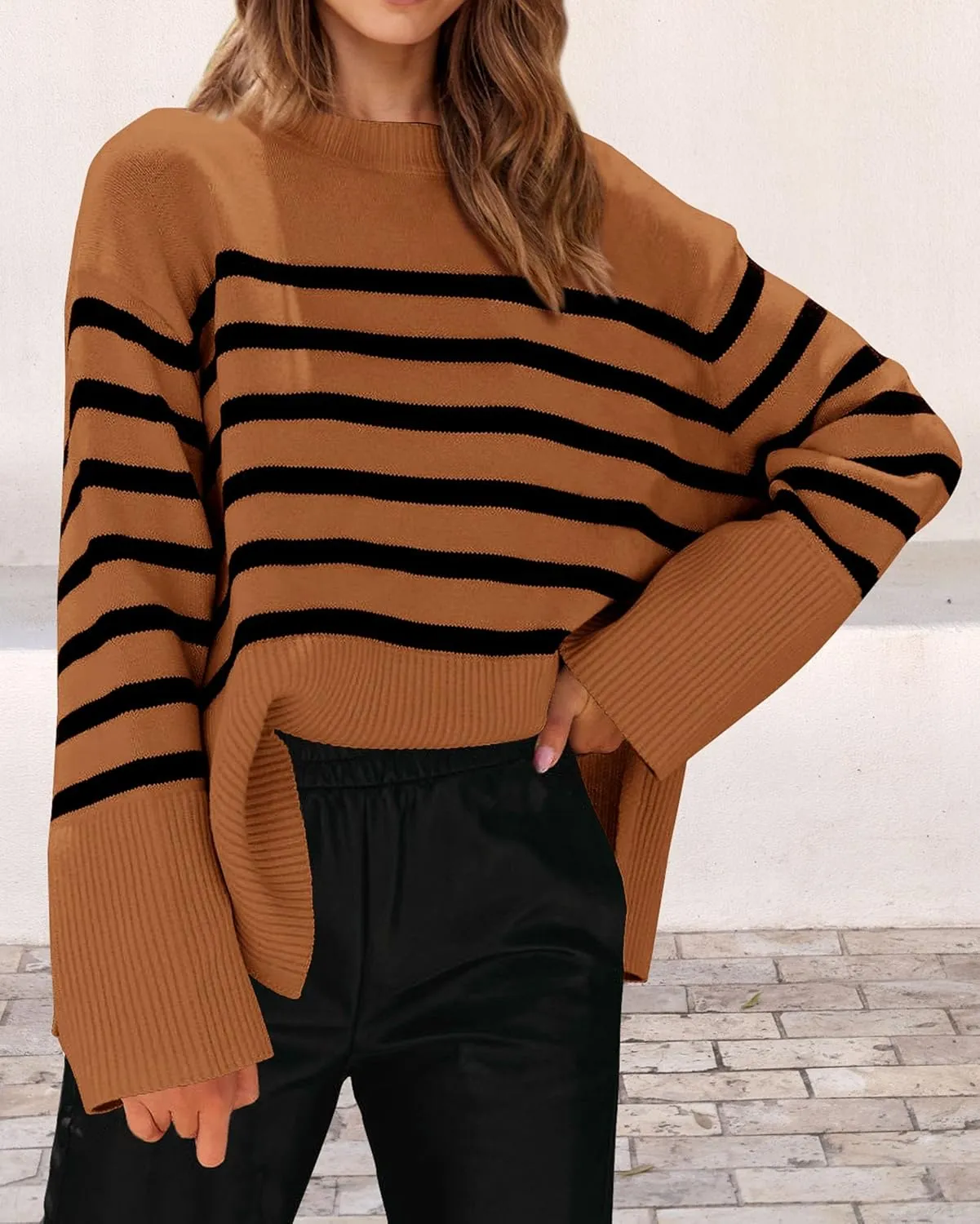 KIRUNDO Women's Striped Knit Oversized Fall Sweaters 2025 Trendy Clothes Crewneck Winter Pullover Sweater Side Split
