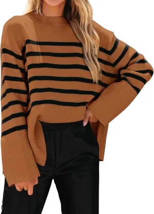 KIRUNDO Women's Striped Knit Oversized Fall Sweaters 2025 Trendy Clothes Crewneck Winter Pullover Sweater Side Split