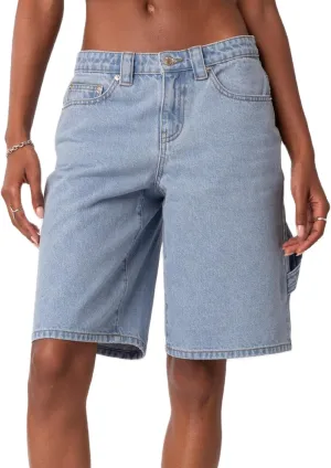 KMBANGI Y2k Women Denim Bermuda Shorts Straight Leg Jean Carpenter Shorts Vintage Mid Rise Knee Length Long Jorts