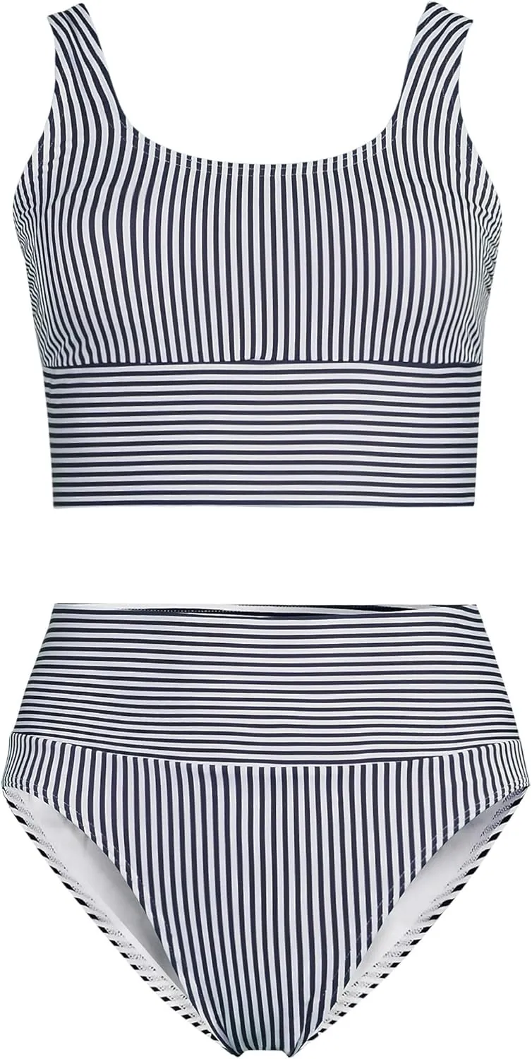 Lands' End Women's Tugless Tankini Top and High Waisted Bottom Swimsuit Set