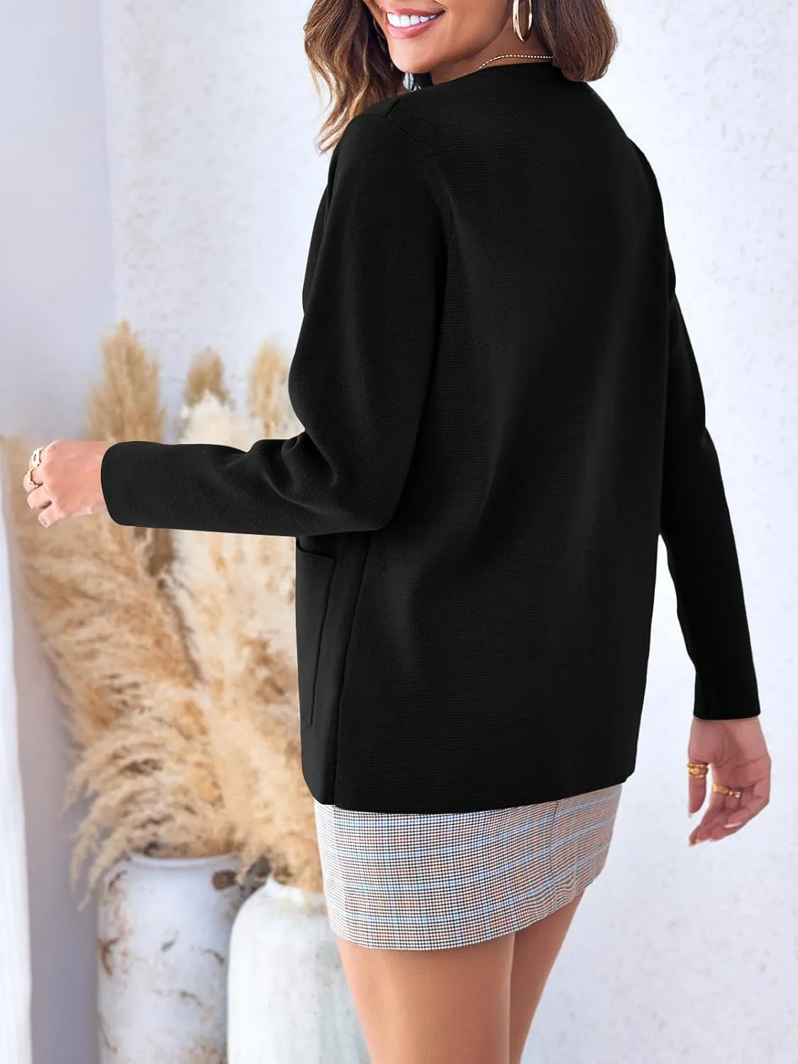 Langwyqu Womens Crew Neck Button Down Cardigan Sweaters Blazer Casual Long Sleeve Knit Solid Sweater with Pockets