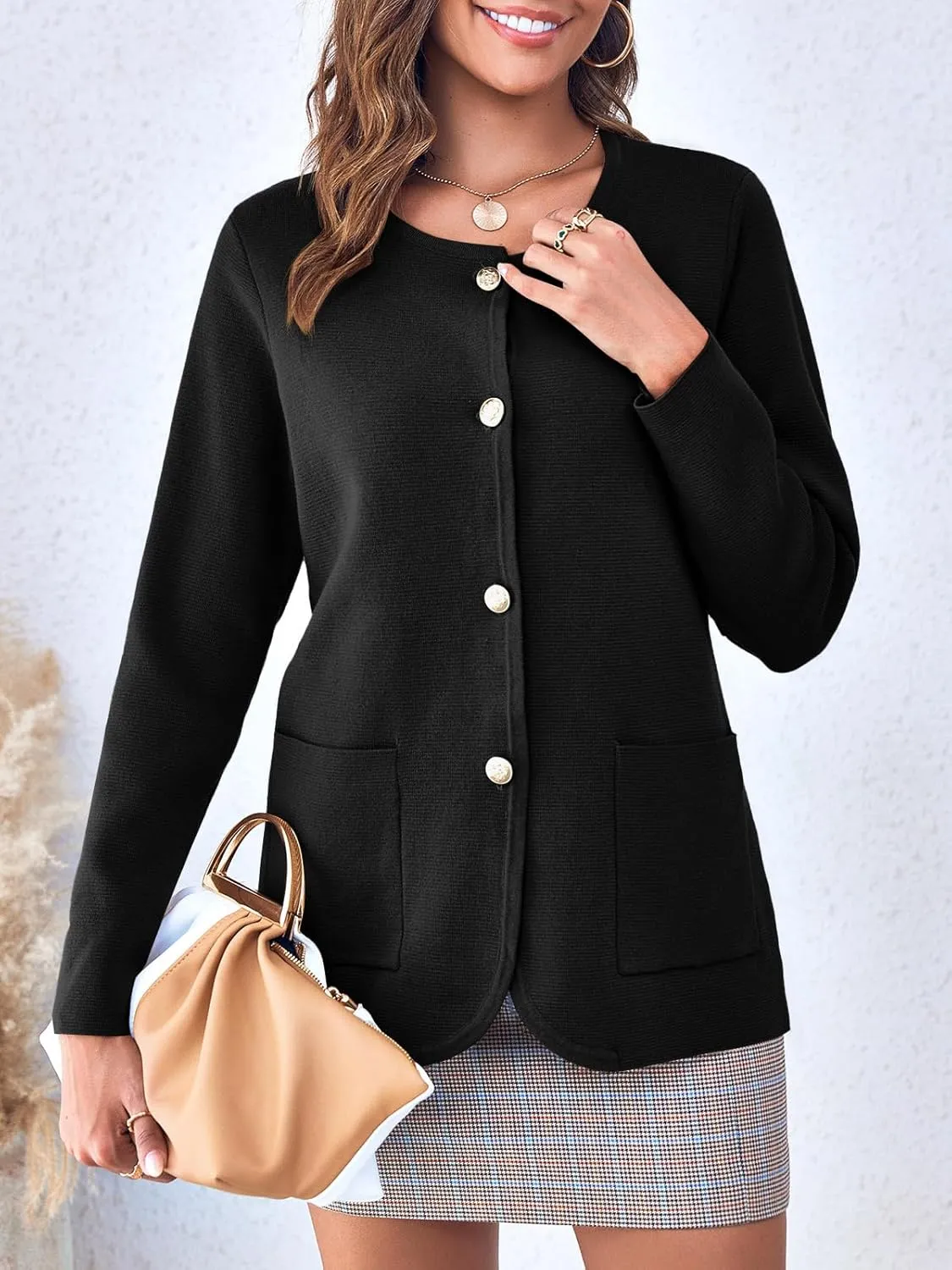 Langwyqu Womens Crew Neck Button Down Cardigan Sweaters Blazer Casual Long Sleeve Knit Solid Sweater with Pockets