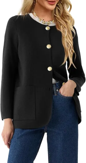 Langwyqu Womens Crew Neck Button Down Cardigan Sweaters Blazer Casual Long Sleeve Knit Solid Sweater with Pockets