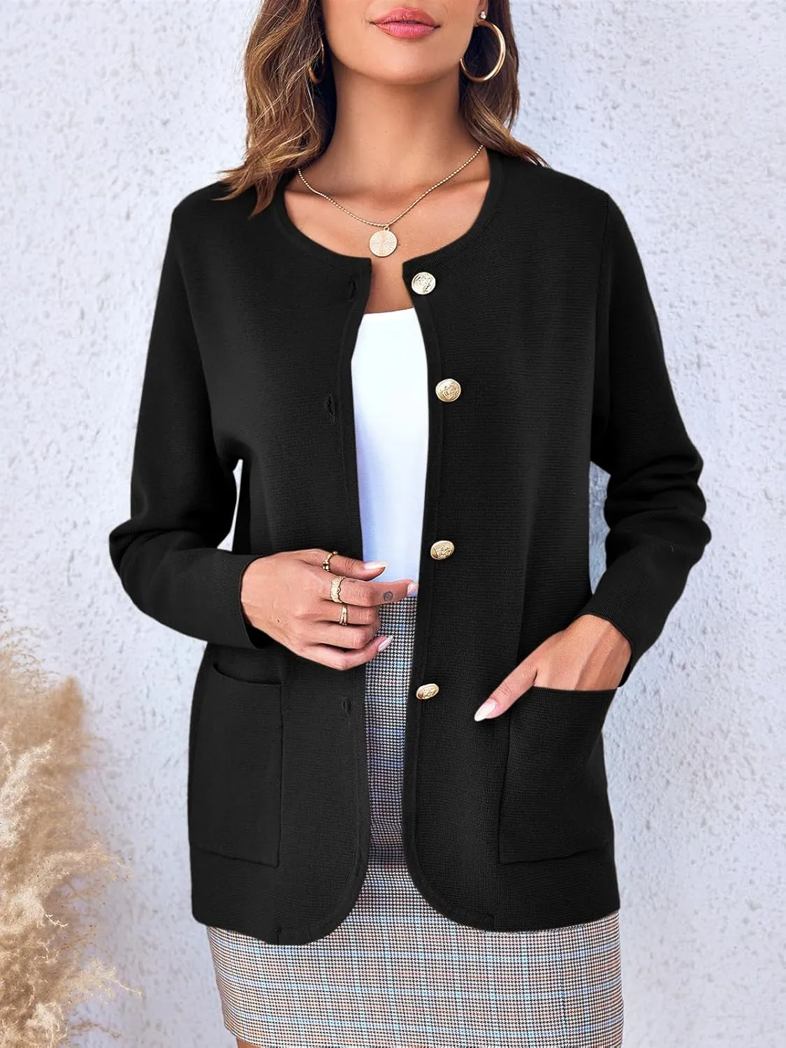 Langwyqu Womens Crew Neck Button Down Cardigan Sweaters Blazer Casual Long Sleeve Knit Solid Sweater with Pockets